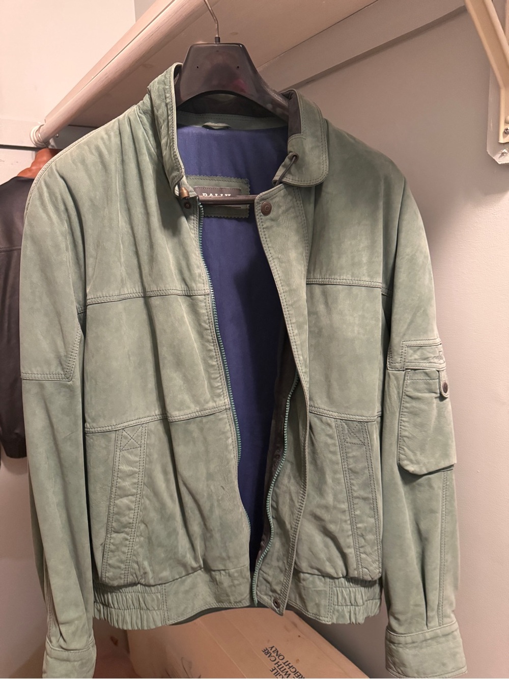 Bally Light Sage Green Suede Bomber Jacket